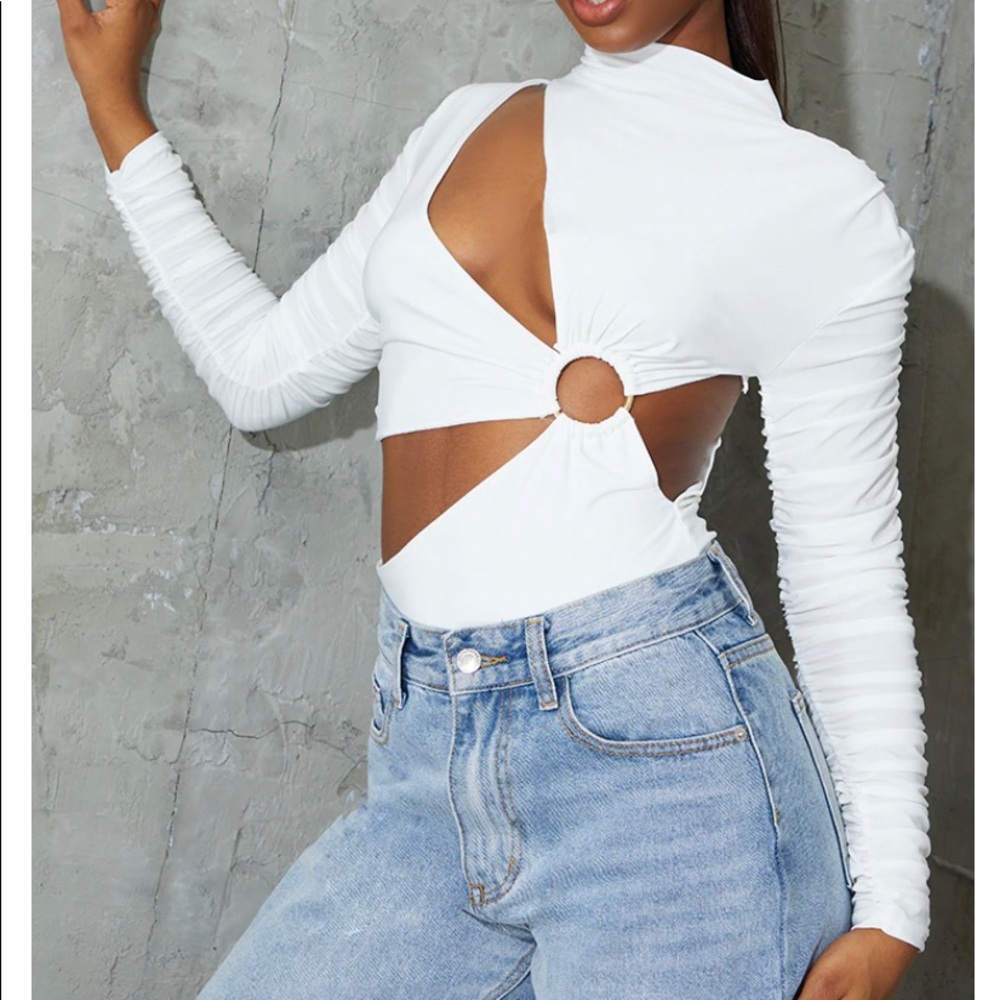 White Slinky Cut Out Long Sleeve Bodysuit